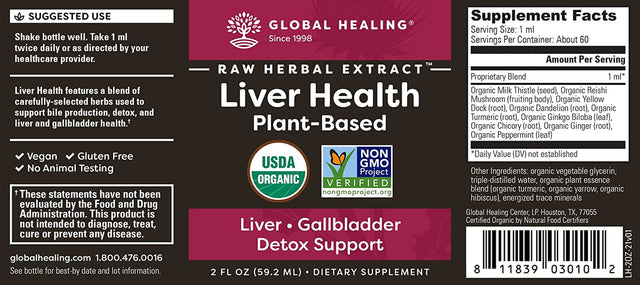 Global Healing Liver Health - Natural Vegan Liquid Drops Supplement Supports Liver and Gallbladder Detox & Function - Raw Herbal Extract for Best Absorption and Clean Cleanse - 2 Fl Oz Tincture