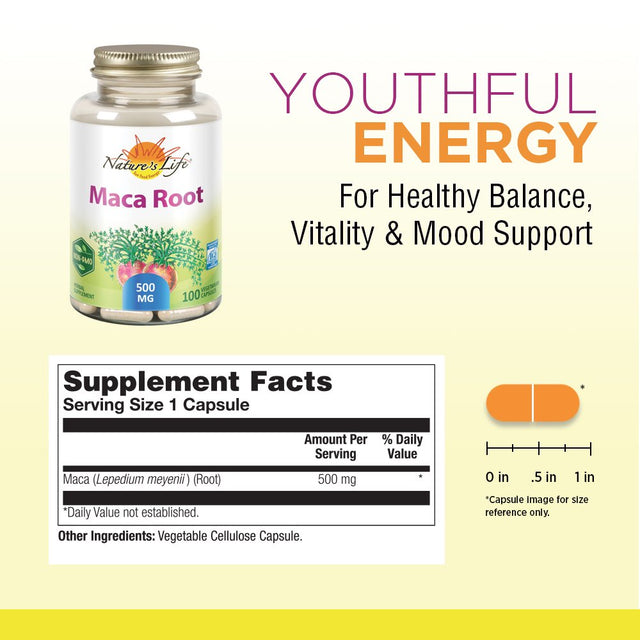 Nature?S Life Maca Root 500Mg Herbal Supplement | Healthy Balance, Energy & Vitality Support | Non-Gmo & Vegan | No Fillers | 100 Vegetarian Caps