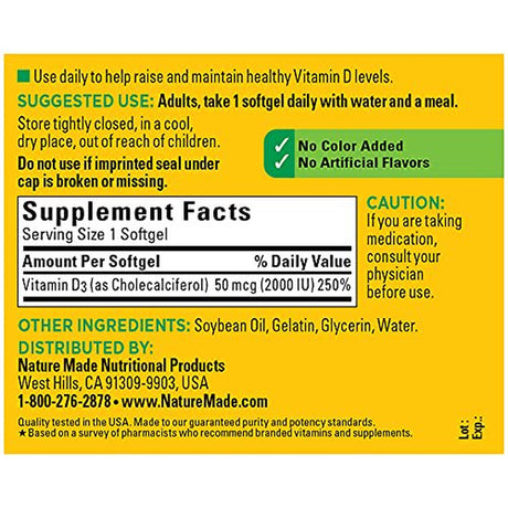 Nature Made Vitamin D3, 250 Softgels, Vitamin D 2000 IU (50 Mcg) Helps Support Immune Health, Strong Bones and Teeth, & Muscle Function, 250% of the Daily Value for Vitamin D in One Daily Softgel