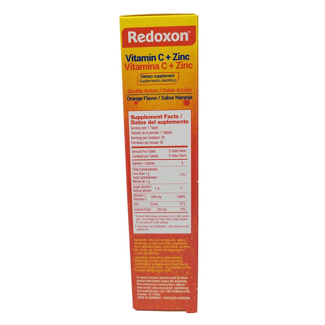 Redoxon Vitamin C with Zinc. Effervescent Dietary Supplement. Helps Your Immune System. Good against Colds and Flu. Orange Flavored. 20 Tablets. 2.82 Oz / 80 Gr. Pack of 3