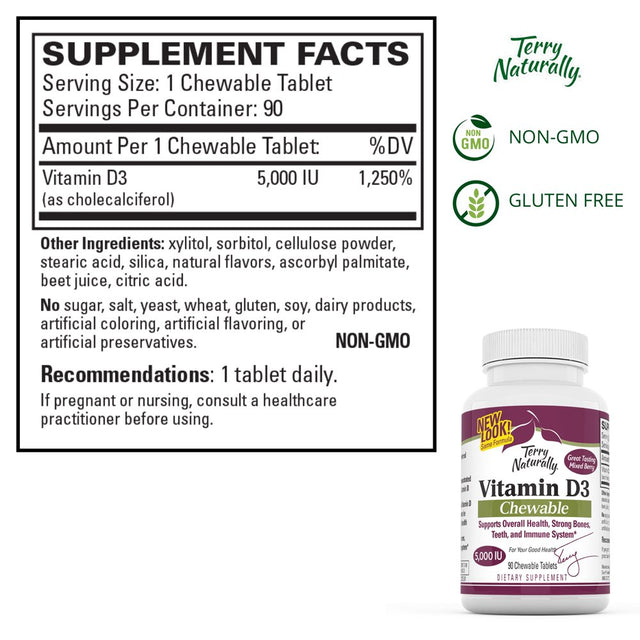 Terry Naturally Vitamin D3 - 125 Mcg Cholecalciferol, 90 Chewable Tablets - Supports Strong Bones