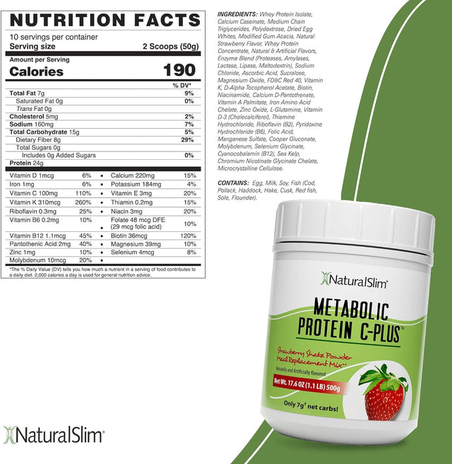 Naturalslim Strawberry Metabolic C-Plus Meal Replacement Protein Powder - Low Carb Protein Shake with Immune Support Fortified with Vitamin C, Zinc & Amino Acid - 10 Servings 17.6 Oz