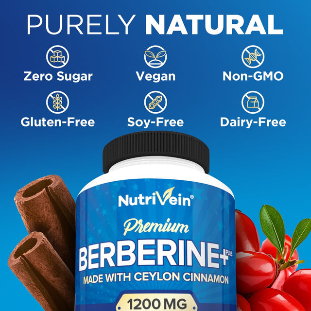 Nutrivein Premium Berberine HCL 1200Mg plus Organic Ceylon Cinnamon - 120 Capsules