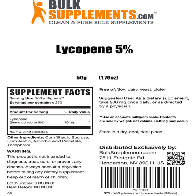 Bulksupplements.Com Lycopene Powder - Prostate Supplements for Men - Antioxidants Supplement - Prostate Support Vitamins (50 Grams)