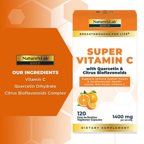 Nature’S Lab Gold Super Vitamin C 1000Mg – 120 Capsules (2 Month Supply) - Immune System Support – Contains Bioflavonoids Complex & Quercetin – Non-Acidic, Non-Gmo, Gluten Free, Vegan