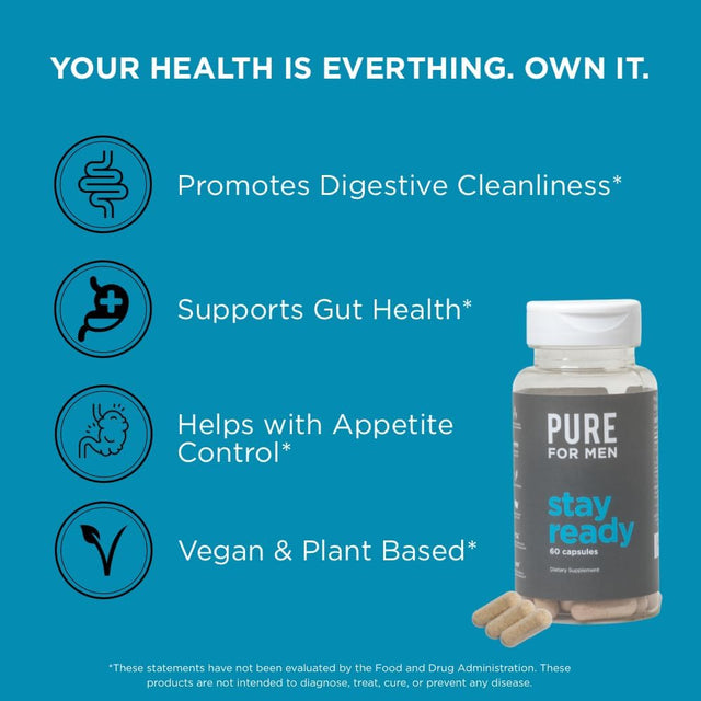 Pure for Men Original Cleanliness Stay Ready Fiber Supplement | Helps Promote Digestive Regularity | Psyllium Husk, Aloe Vera, Chia Seeds, Flaxseeds | Proprietary Formula | 60 Vegan Capsules