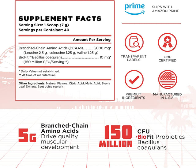 Old School Labs Classic BCAA 2:1:1 - Branched-Chain Amino Acids for Lean Muscle and Recovery with Biofit Probiotics - Natural Watermelon Flavor Makes for a Delicious Drink during Any Activity