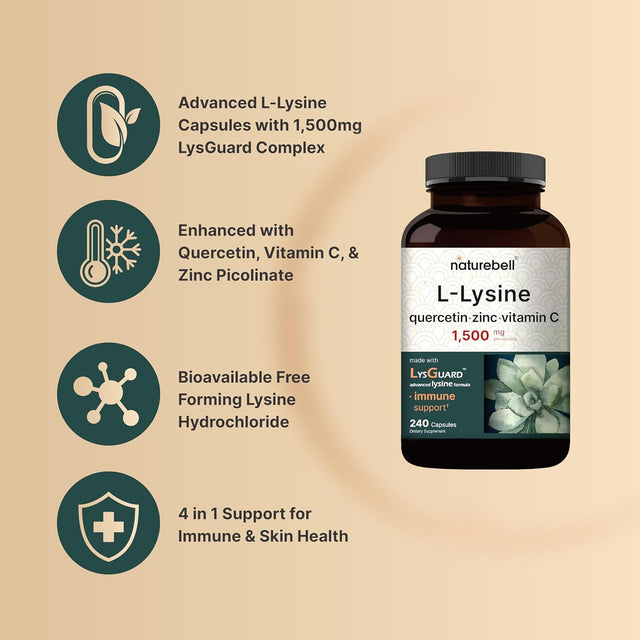 Naturebell L-Lysine 1,000Mg Capsules + Quercetin 250Mg with Vitamin C and Zinc, 240 Count | Free Form Amino Acids, L Lysine Complex | Immune Support, Lip & Skin Health Supplement