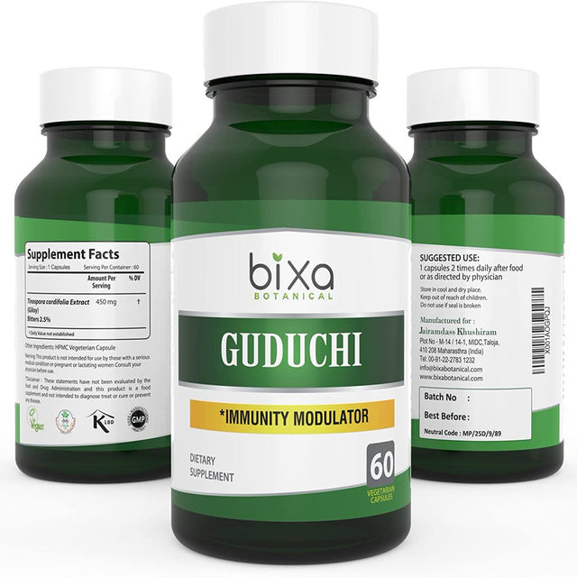 Guduchi Extract Bitters 2.5% Veg Capsule 60 Count (450Mg) (Tinospora Cordifolia/Giloy) | Herbal Supplement for Sugar Control |Best Immunity Modulator & Blood Purifier| Bixa Botanical