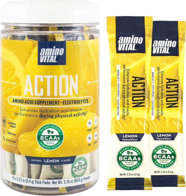 Amino Vital Action- BCAA Amino Acid Drink Mix | Single Serve Pre Workout Packets for Energy and Hydration | No Caffeine, Keto, Vegan Supplement | 28 Stick Packs | Grape & Lemon