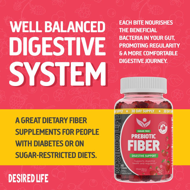 Desired Life Sugar Free Prebiotic Fiber Gummies for Adults and Kids Mixed Berry Flavor Plant Fiber Supplement for Women and Men, Daily Fiber for Digestive Health and Regularity 60 Count (Pack of 1)