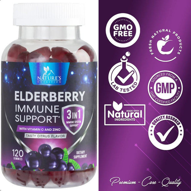 Premium Sambucus Elderberry Gummies with Vitamin C and Zinc, Immune Support Gummy Vitamin Supplement, Nature’S Black Elderberry for Adults & Kids - Elder Berry Vitamins, Non-Gmo - 120 Gummies