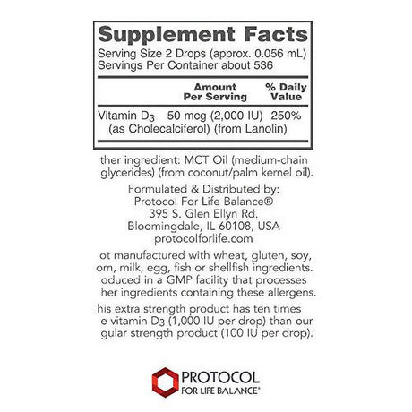 Protocol Liquid Vitamin D3 - 2,000 IU - Immune Support, Strong Bones and Teeth Health - 1 Fl Oz