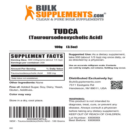 Bulksupplements.Com TUDCA Powder, 500Mg - Brain, Vision, & Liver Support Supplement (100G - 200 Serv)