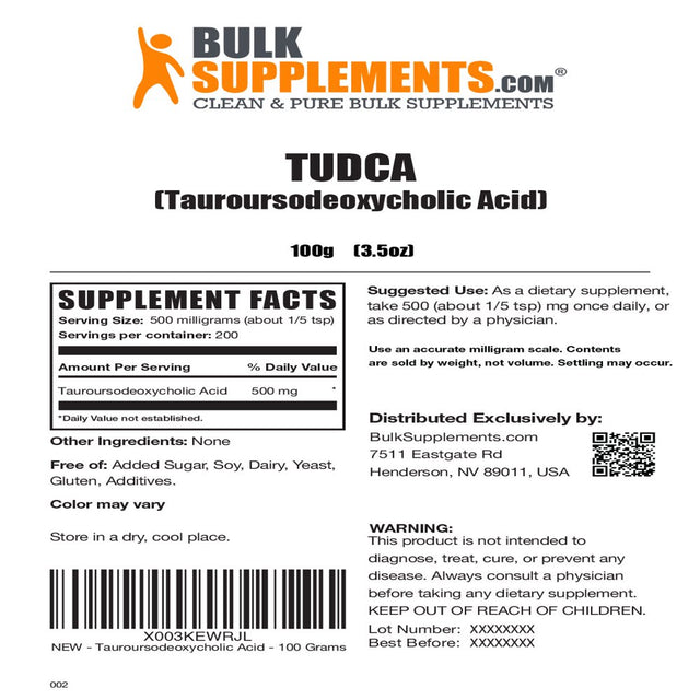 Bulksupplements.Com TUDCA Powder, 500Mg - Brain, Vision, & Liver Support Supplement (100G - 200 Serv)