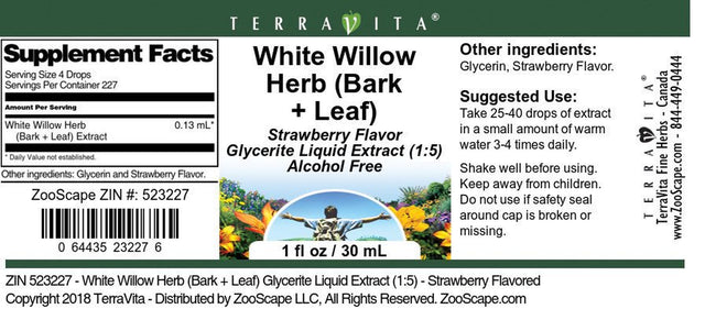 Terravita White Willow Herb (Bark + Leaf) Glycerite Liquid Extract (1:5) - Strawberry Flavored, (Strawberry, 1 Oz, 3-Pack, Zin: 523227)