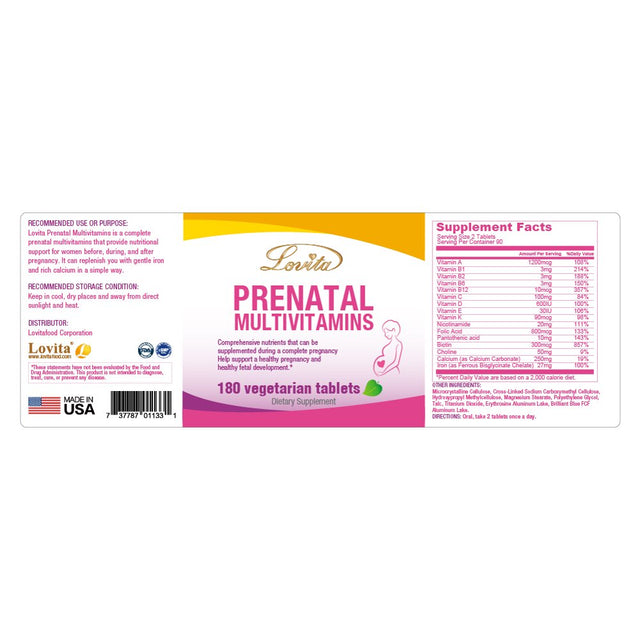 Lovita Prenatal Vitamin with Folic Acid 800Mcg, Iron 27Mg (Iron Bisglycinate) & Calcium, Prenatal Multivitamin to Support New Born Baby Development and Mom, 180 Vegetarian Tablets