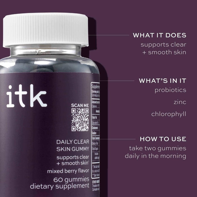 ITK Daily Clear Skin Supplement with Probiotics + Zinc | Mixed Berry | 30-Day Supply, 60 Ct