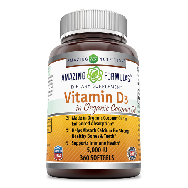 Amazing Formulas Vitamin D3 with Coconut Oil 5000 IU 360 Softgels Supplement | Non-Gmo | Gluten Free | Made in USA