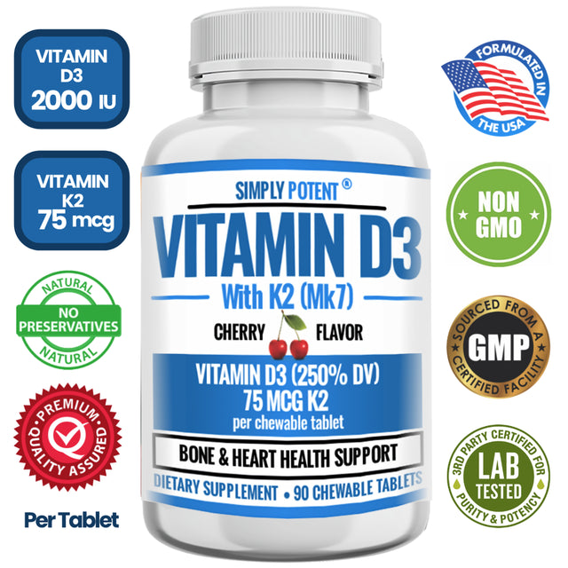 Vitamin D3 2000IU + Vitamin K2 75MCG, Cherry Flavored Vitamin D3 K2, Chewable Alternative to Softgels, Gummies, Capsules or Pills for Calcium Absorption, Heart, Bone, Teeth, Mood & Immune, 90 Tablets