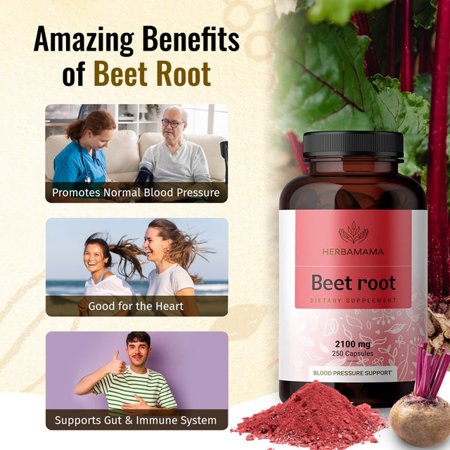 HERBAMAMA Beet Root Capsules - Blood Pressure Support, Immune Boost , 250 Caps