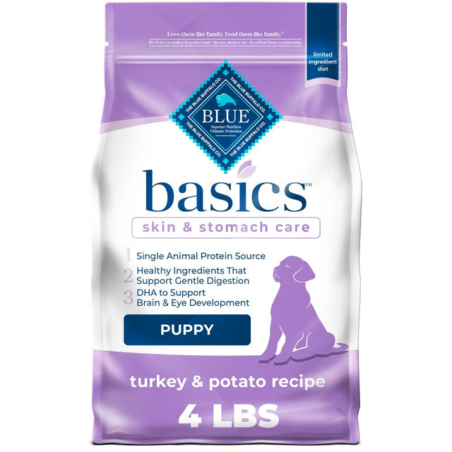 Blue Buffalo Basics Skin & Stomach Care Turkey and Potato Dry Dog Food for Puppies, Whole Grain, 4 Lb. Bag