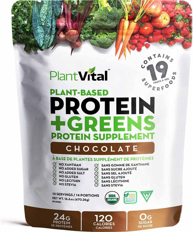 Plantvital Vegan Protein Powder Plant Based - Organic Protein Powder Chocolate - 24G/0G Sugar, 18 Superfoods, Probiotics, Raw Cocoa, Pea, Gluten-Free, Keto-Friendly, 16Oz