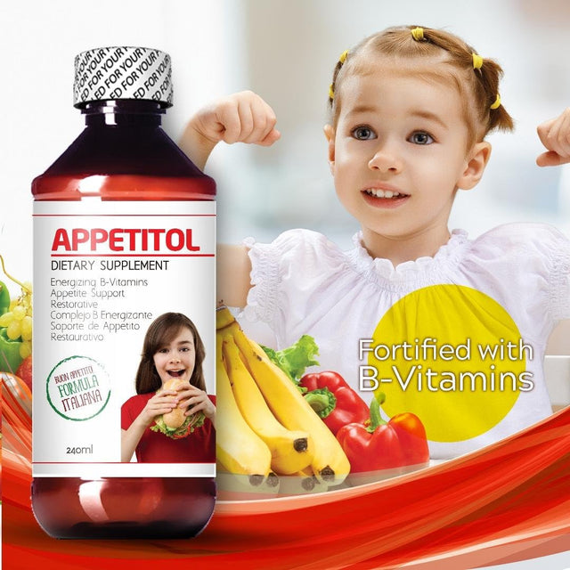 Appetitol Appetite-Weight Gain. Natural Appetite and Weight Gain Stimulant for Underweight Children Fortified with Vitamins B1,B2,B3,B5,B6,B12,Folic Acid , Iron, Zinc, Flax Seed Oil. ( 8 Fl Oz)