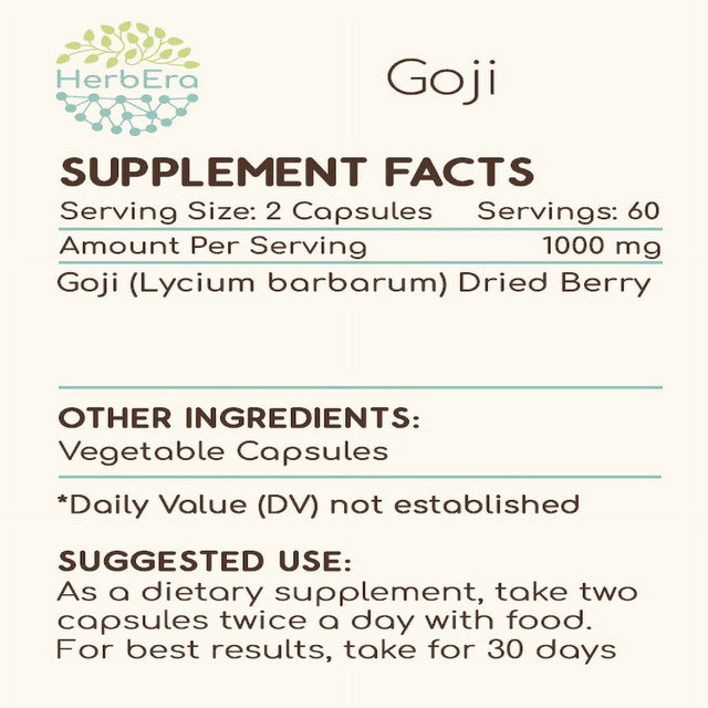 Goji 120 Capsules, 500 Mg, Organic Goji (Lucii, Lycium Barbarum) Dried Berry