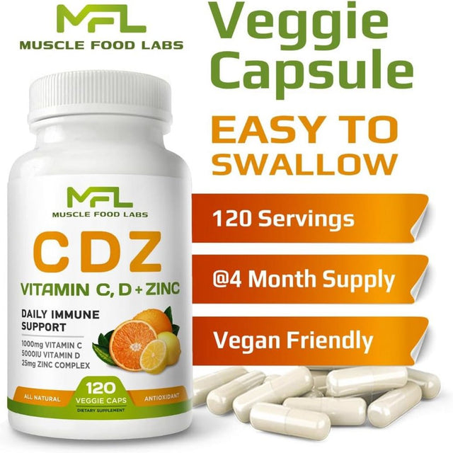 MUSCLE FOOD LABS , C D Z , Vitamin C, 1000Mg , Vitamin D3, 125Mcg , Zinc, 25Mg , Non-Gmo & Gluten Free , 120 Vegetarian Capsules ,120 Servings