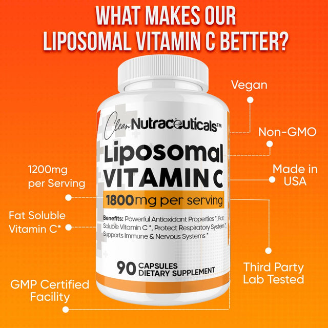 Liposomal Vitamin C Capsules 1800Mg High Absorption VIT C, Immune System & Collagen Booster, Fat Soluble Immunity Support Ascorbic Acid Supplement, 270 Natural Vegan Capsules