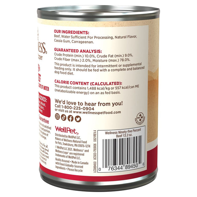 Wellness 95% Beef Natural Wet Grain Free Canned Dog Food, 13.2-Ounce Can (Pack of 12)