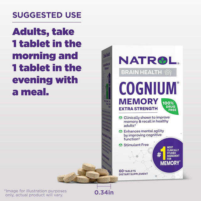 Natrol Cognium Memory Extra Strength Silk Protein Hydrolysate 200Mg, Dietary Supplement for Brain Health and Memory Support, 60 Tablets, 30 Day Supply