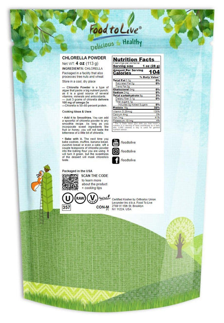 Chlorella Powder, 0.25 Pound — Kosher, Raw, Vegan — by Food to Live