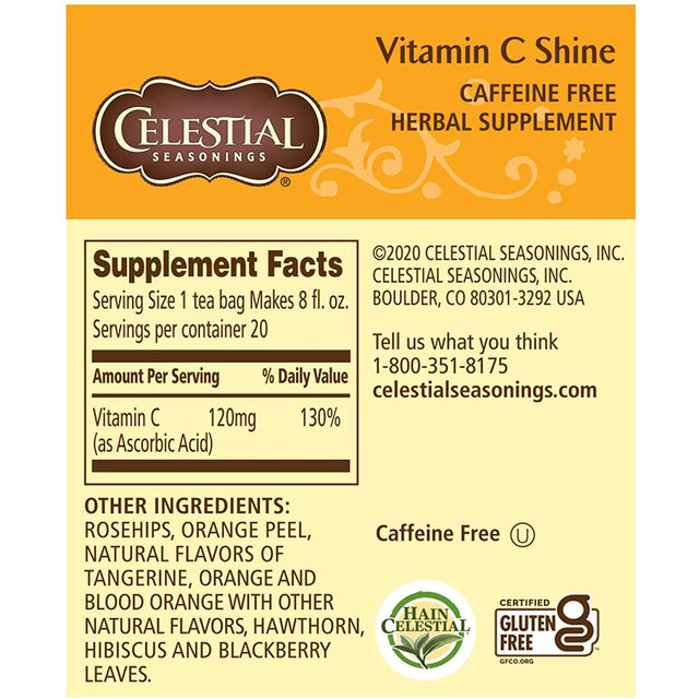 Celestial Seasonings Vitamin C Shine Herbal Tea Bags, 20 Count