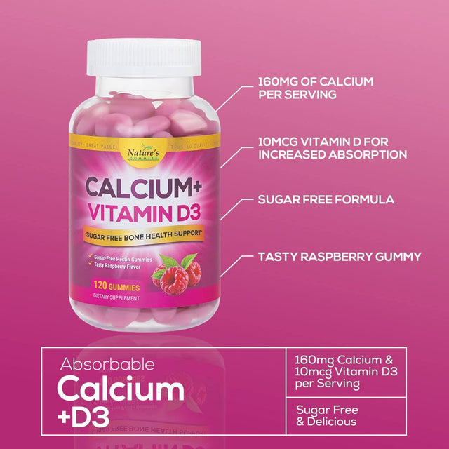 Sugar Free Calcium Gummy Bites plus 400 IU Vitamin D3, Bone Health & Immune Support, Supports Bone Strength - Chewable Calcium Nutrition Supplement, Non-Gmo, Berry Flavor Chews - 120 Gummies