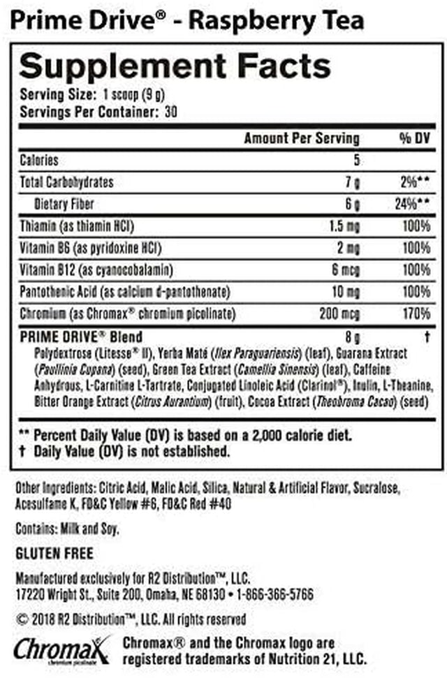 Prime Drive Energy Raspberry Tea Pre Workout Energy Drink Powder, Provides Extreme Energy, Focus and Intensity, Boosts Metabolism 10.2Oz (30 Servings)