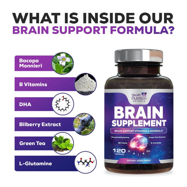 Brain Supplement for Memory and Focus - Nootropics for Concentration, Energy, Cognitive, & Mental Clarity Support, Bacopa Powder, B Vitamins, Phosphatidylserine, DMAE Brain Booster - 120 Capsules