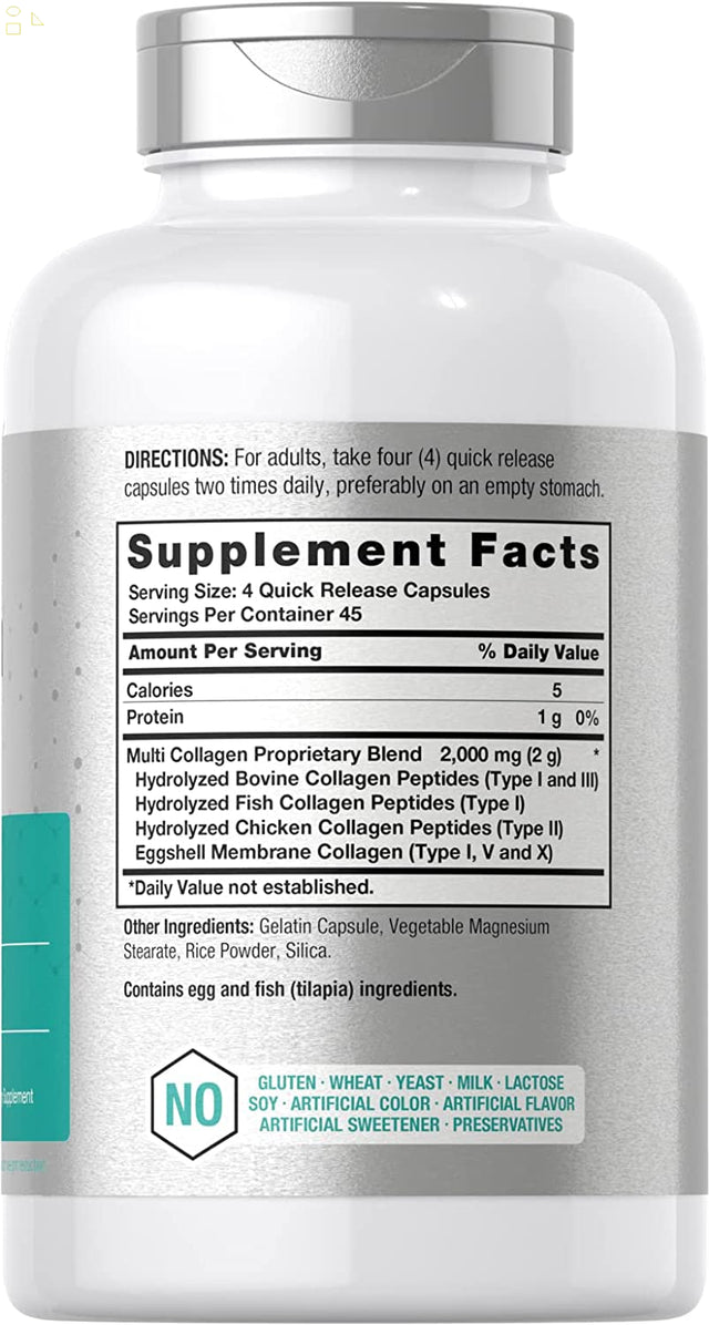 Multi Collagen Protein 2000 Mg | 180 Capsules | Type I, II, III, V, X | Collagen Peptide Pills | Keto & Paleo Friendly, Gluten Free Supplement