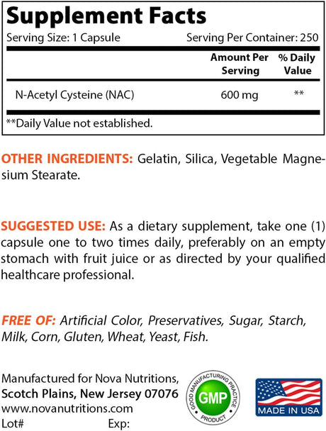 Nova Nutritions N-Acetyl L-Cysteine (NAC) 600Mg - 250 Capsules (Non-Gmo & Gluten Free)