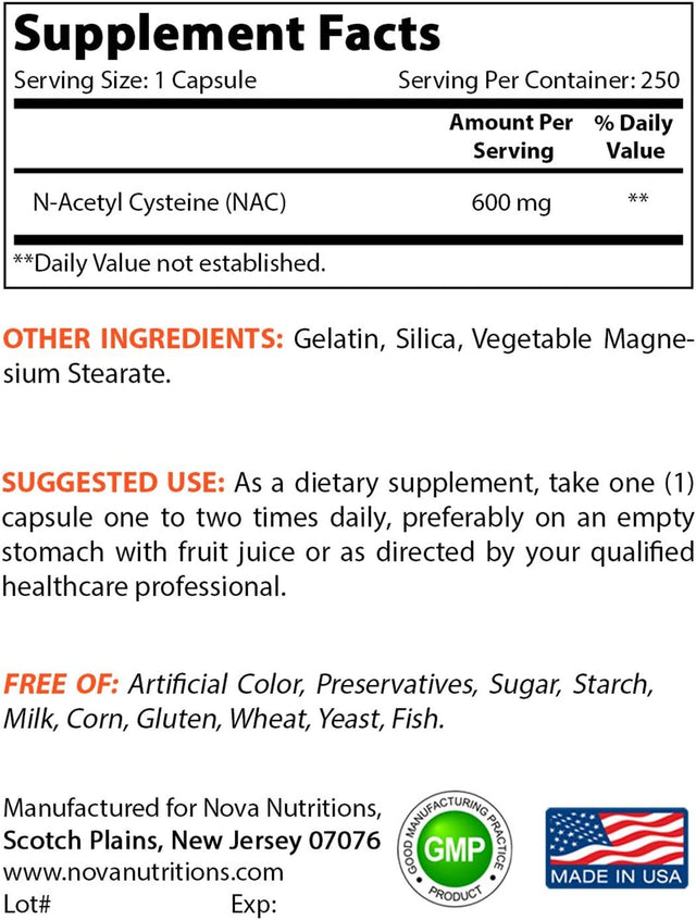 Nova Nutritions N-Acetyl L-Cysteine (NAC) 600Mg - 250 Capsules (Non-Gmo & Gluten Free)