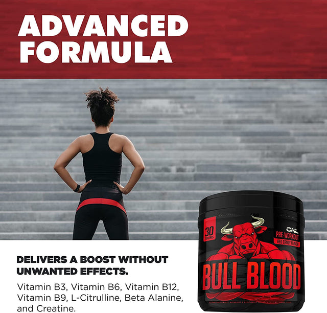 Bull Blood Ultimate Pre Workout - W/ Powerful Nitric Oxide Booster, Creatine & Lion'S Mane - Boost Energy, Focus & Blood Flow – Pre-Workout Supplement for Men and Women - 30 Servings