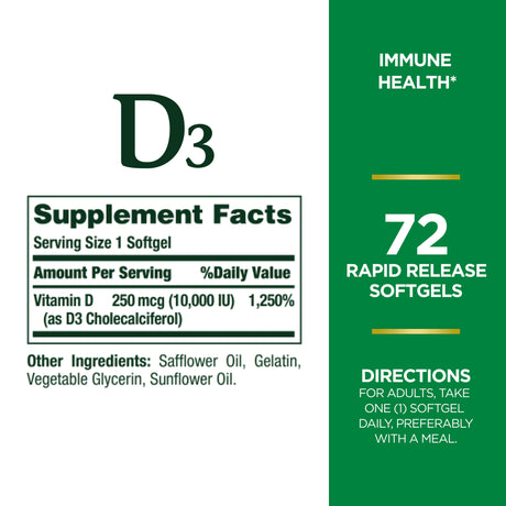 Nature'S Bounty Vitamin D3, Immune Health, 250 Mcg, Softgels, 72 Ct