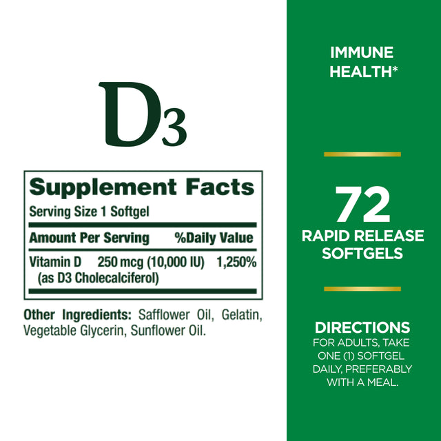 Nature'S Bounty Vitamin D3, Immune Health, 250 Mcg, Softgels, 72 Ct