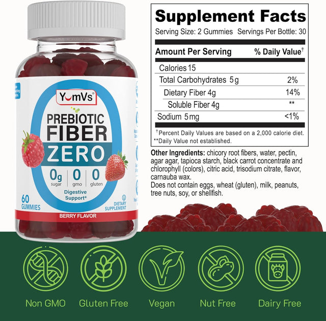 Prebiotic Fiber Zero Gummies by Yumvs | Keto Friendly Sugar Free Supplement for Women & Men | 4 G Fiber for Digestive Support | Natural Berry Flavor Chewables-60 Count