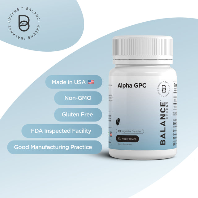 Balance Breens Alpha GPC Supplement 600Mg - 120 Vegan Capsules - Cognitive Support - Gluten Free and Non-Gmo