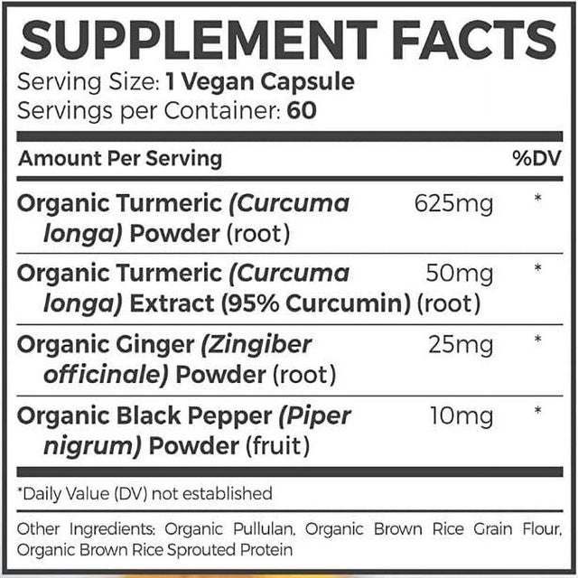 Pure Co USDA Organic Turmeric Curcumin with Black Pepper and Ginger (Vegan) Natural Joint Support Supplement with Turmeric and Ginger Root Powder - 60 Capsules (No Pills)