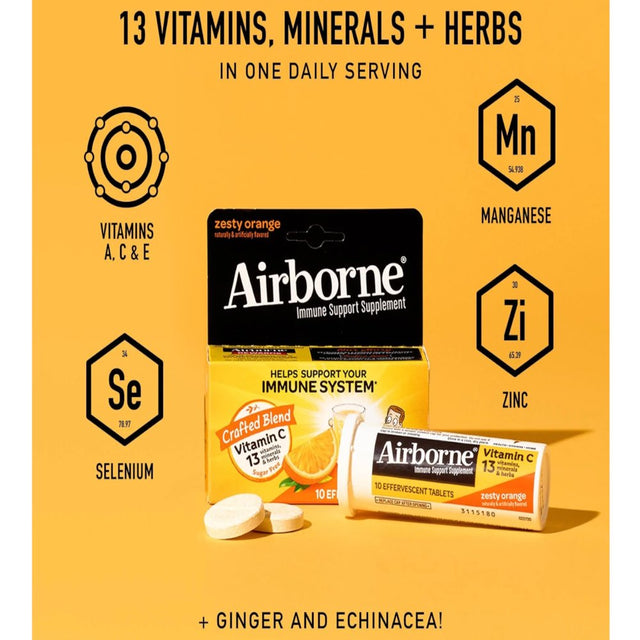 Airborne 1000Mg Vitamin C Immune Support Effervescent Tablets, Zesty Orange Flavor, 10 Count