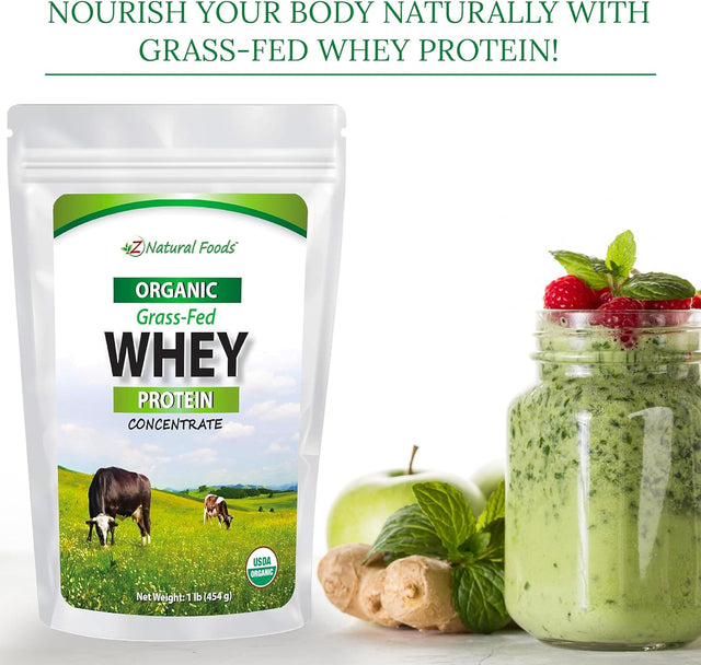 Z Natural Foods Organic Grass-Fed Whey Protein Powder, Nutrient Rich, Unflavoured & Hormone Free Protein Powder, Great in Shakes, Smoothies, Paleo, & Keto Drinks, Gluten Free, Non-Gmo, 1 Lb