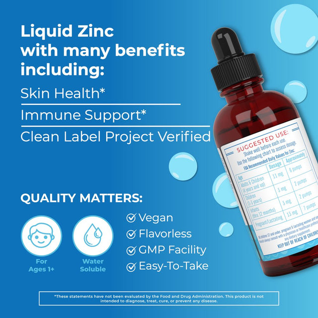 Zinc Supplements for Immune Support | Ionic Zinc for Kids & Adults | Liquid Zinc Supplement | 40 Day Supply | Zinc Sulfate | Skin Care Supplement | Vegan | Gluten Free | Glycerin Based | 4 Oz